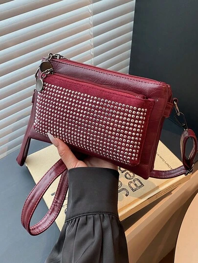 Fashionable Rivet Decorated Shoulder Bag, Vintage Versatile Crossbody Bag, Suitable For Date, Work, Shopping, Commuting