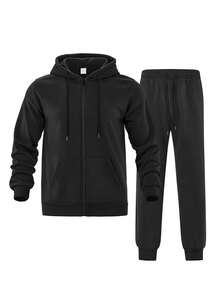 Conjunto de 2 piezas Kolrap, sudadera con capucha larga y pantalones deportivos con cordón, conjunto casual de hombre con sudadera con capucha con cremallera y cordón, y pantalones deportivos, ropa deportiva holgada unisex, adecuada para principios de otoño - Negro - Ver 3