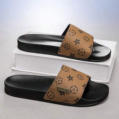 男士经典阿拉伯风格凉鞋，透气黑色，单带拖鞋，休闲沙滩鞋，露趾设计，优质皮革，厚底，字母印花，适合中老年人，人字拖，软底，适合沙滩、驾车、户外、室内、旅行、日常活动