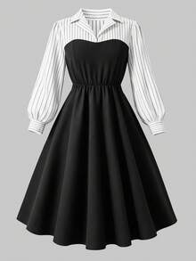 Đầm xòe eo cổ bẻ kẻ sọc trắng đen cho bé gái mùa xuân và thu, kiểu dáng ngọt ngào và thời trang. - màu đen - Xem 3
