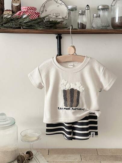 INS Infant Baby Boy Popcorn Embroidered Top + Black & White Striped Shorts Set, Summer