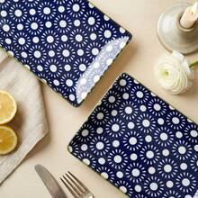 2pcs 11"X6.5" Rectangular Ceramic Serving Trays, Microwave/Dishwasher/Oven , Glossy Glaze Finish, Geometric Sun Pattern, Smooth Rounded Edges, Versatile For Sushi, Desserts, Appetizers, Afternoon Tea, Dining, Parties, All Seasons - Multicolor - View 14