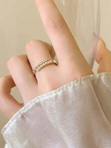 6件套优雅小众奢华时尚百搭水钻仿珍珠花朵心形铜合金戒指套装，适合女士日常及节日佩戴 - 六件組戒指-A款 - 查看 5