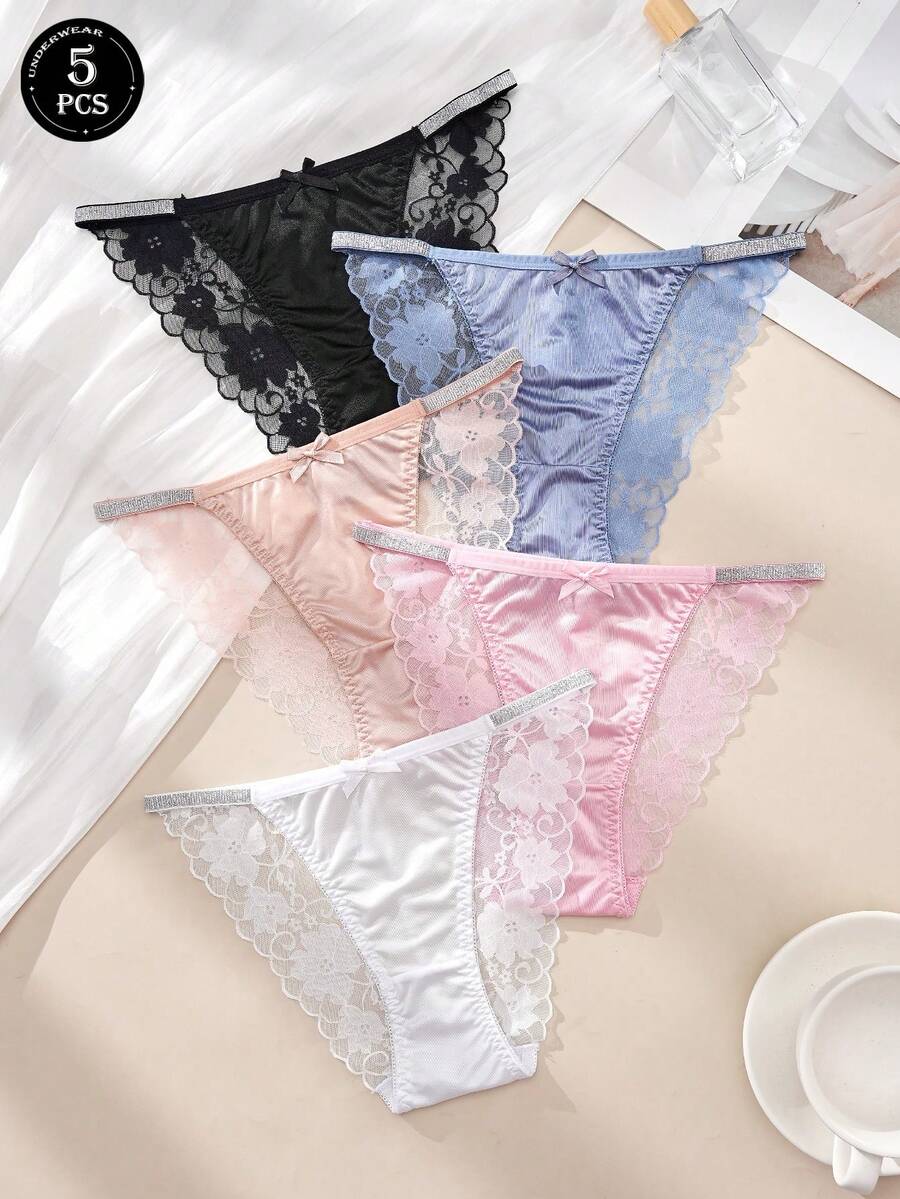 5条/套 女士性感优雅蕾丝内裤，花卉蕾丝拼接比基尼三角裤，可爱蝴蝶结腰部亮片设计黑色内裤，黑色浪漫日常女士比基尼三角裤 - 彩色 - 查看 1