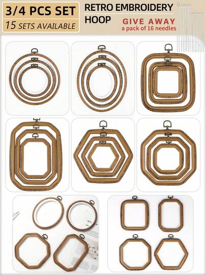 Set de 10 piezas de aros de bordado de estilo vintage con apariencia de grano de madera marrón, formas surtidas, marcos para punto de cruz DIY, aros colgantes para atrapasueños y móviles, hechos de materiales de alta calidad ABS y PVC con ganchos de metal para decoración del hogar