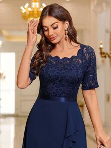 MIUSOL Floral Lace Patchwork Ruffle Hem Cocktail Party Dress Wedding Spring - Navy Blue - View 10