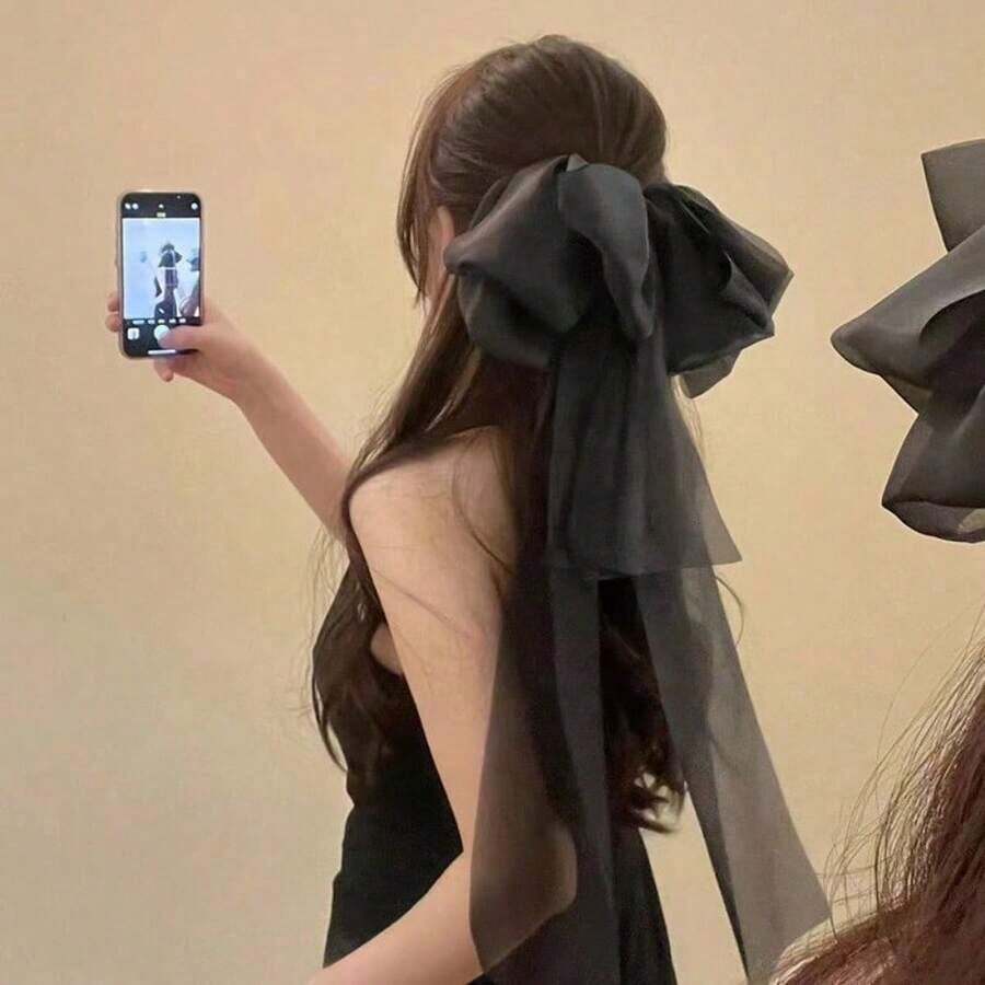 1pc French Vintage Sheer Mesh Bowknot Hair Clip With Long Streamers, Romantic Elegant Hair Accessory For Date Nights, Weddings & Special Occasions, Secure Grip Fairy-Style Design, Ideal Gift For Women/Girlfriend/Bestie On  US - 黑色 - 查看 1