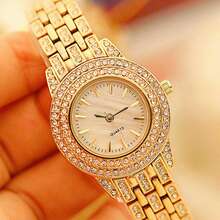 两件套时尚百搭女士石英表，圆形表盘，金属表带，搭配水钻蝴蝶结手链，适合作为礼物、节日礼物和日常佩戴。 - 金色 - 查看 4