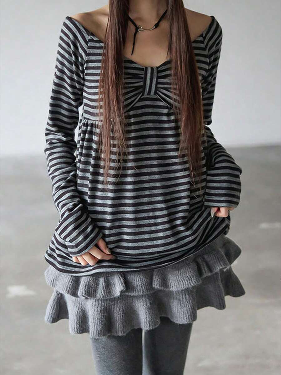 Bow Classic Striped Off-Shoulder Long Sleeve Top - Grey - View 1