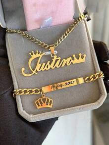 1pc New Custom Name Set Jewelry Stainless Steel Love Crown Name Pendant Engraved Name,18k Gold Electroplated Stainless Steel, Teen/Boy/Girl Bracelet Necklace Set - 彩色 - 查看 8