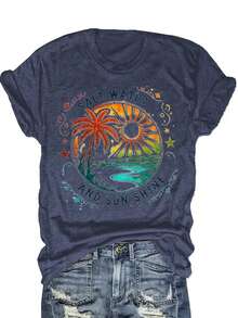 Tropical Sunset Palm Tree Print Tee | Beach Vacation & Summer Graphic Shirt | Soft Breathable Cotton Blend, Machine Washable - 藏蓝色 - 查看 1