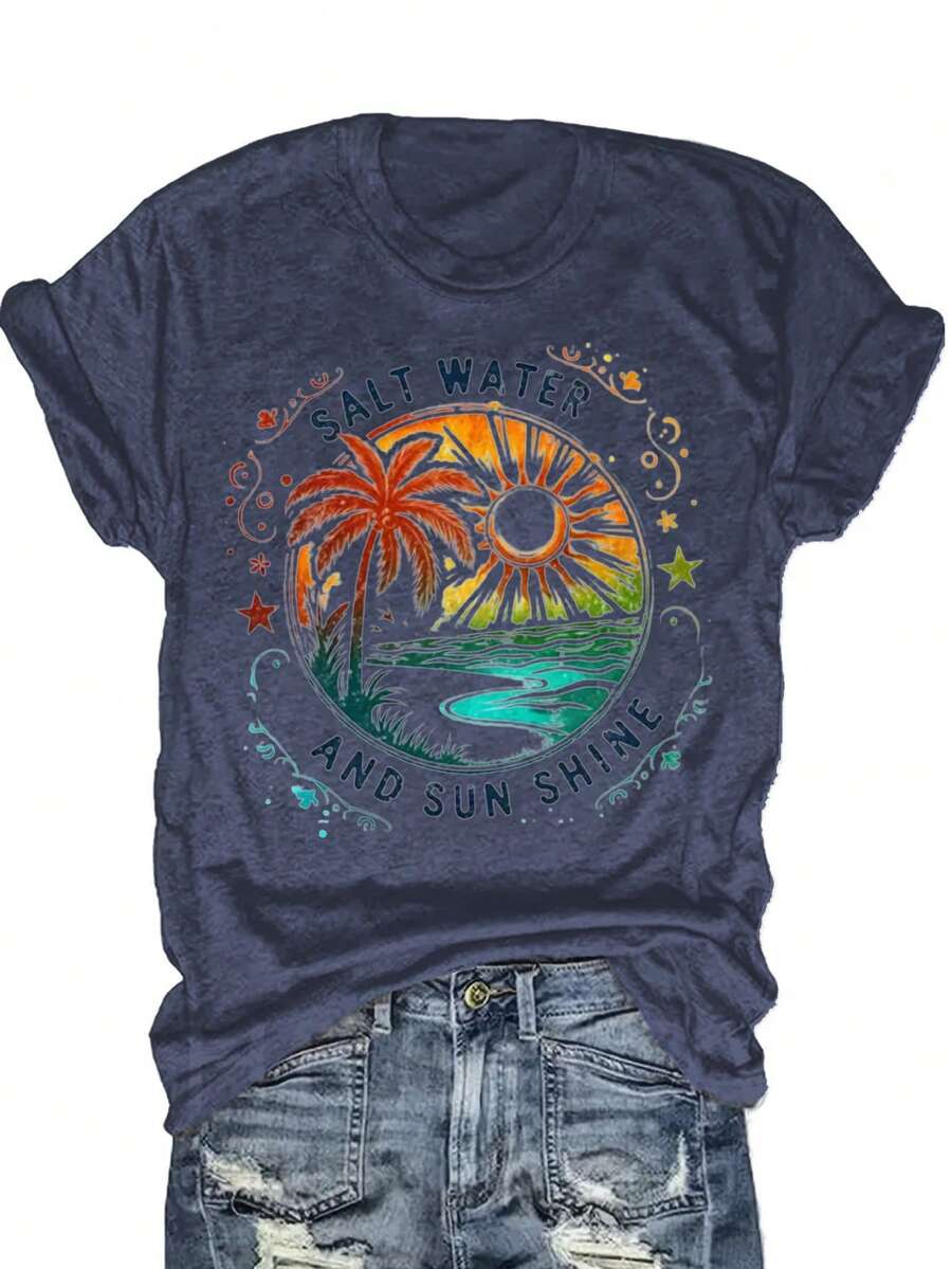 Tropical Sunset Palm Tree Print Tee | Beach Vacation & Summer Graphic Shirt | Soft Breathable Cotton Blend, Machine Washable - 藏蓝色 - 查看 1