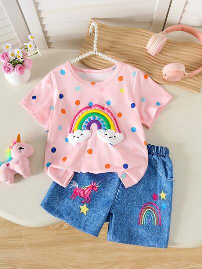 Conjunto informal de camiseta con estampado de nubes y shorts para niñas, primavera/verano