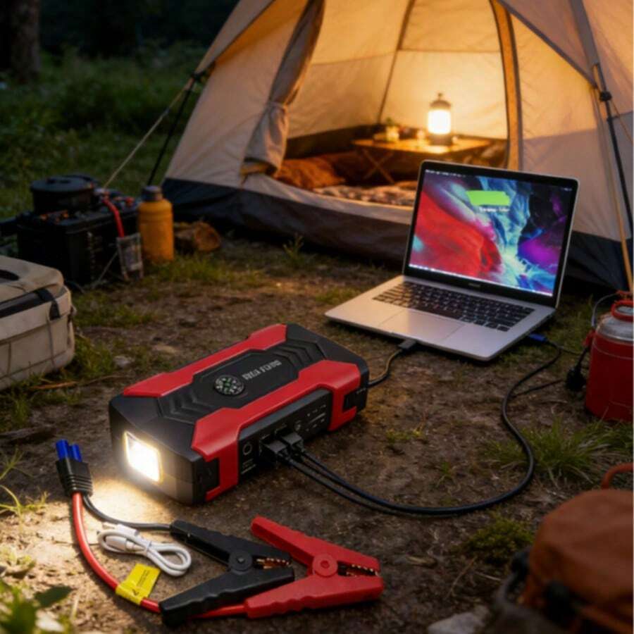 1 Arrancador de Emergência Automotivo Multifuncional, Bomba de Ar para Bateria de Carro, Cabos Auxiliares de Bateria, com Carregador Portátil, Luz de Emergência LED, Martelo de Segurança, Bússola