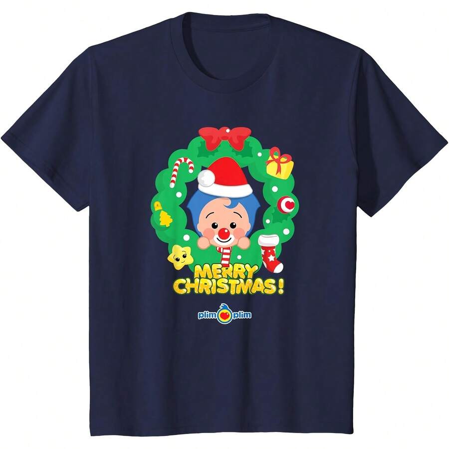 Plim Plim Merry Christmas Wreath Design - Day Clic T-Shirt All Seasons,220g Pure Cotton Single-Sided Printed Crew Neck Short-Sleeved T-Shirt,Unisex Top,Base Layer - Color 9 - View 1