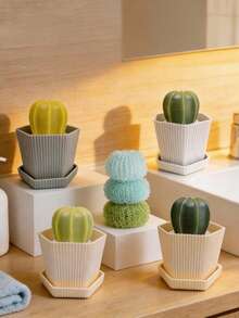 1pc Cactus Shaped Kitchen Cleaning Brush, Creative Potted Plant Scrub Brush With Handle, Nano Cleaning Ball Decontamination Tool, Suitable For Cleaning Dishes, Pots, Bowls, Cups - Multicolor - View 1