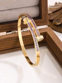1 Pc Soft And Bright Colored Pattern Stacked Bracelet: Multi-Color Inlaid + Northern Dream Style | Layered Details On The Wrist, Lightweight And Luxurious, Eye-Catching | Suitable For Pairing With Lightweight And Mature Outfits, Easily Exuding A Luxurious Aura - Yellow Gold - View 11