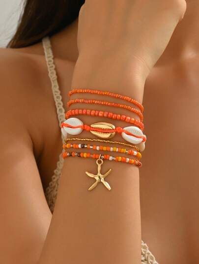 Set de 7 pulseras con cuentas, concha acrílica y colgante de estrella de mar de estilo bohemio elegante para mujeres, adecuado para uso diario, casual, playa, vacaciones, Día de San Valentín, regalo de cumpleaños