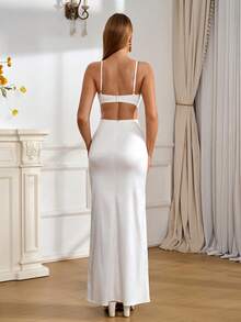 PARTHEA V-Neck Lace Patchwork Ruffle Fitted Women's Cocktail Party Dress (Zipper, Sexy) - White - View 2