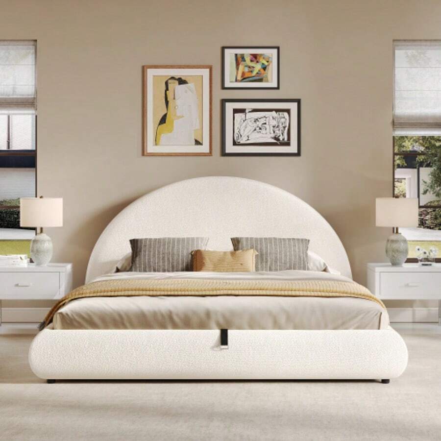 Upholstered Bed, Double Bed, 180 X 200 Cm, Hydraulic Adjustable Bed, Slatted Base, Headboard And Large Storage Space, White Boucle Upholstered Headboard - White - View 1