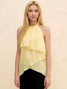 Women Chiffon Halter Tops Summer Trendy Asymmetrical Layered Backless Shirts for Streetwear Aesthetic Grunge Clothes - Amarillo - Ver 3