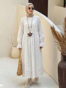 DAZY 女士圆领宽松衬衫裙，喇叭袖上衣，刺绣花卉图案下装，宽松波西米亚甜美长袍，适合夏季度假穿着。 - 杏色 - 查看 5