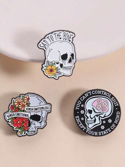 3 قطع دبابيس جمجمة رأس مبتكرة ذات طابع عاطفي، مصنوعة من سبيكة الزنك والمينا، مزينة برسومات جمجمة وزهور وعبارات عاطفية، تصميم يناسب الجنسين، هدية اكسسوار يومي
