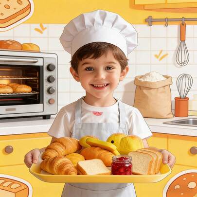 Tecforood 这款儿童过家家玩具套装包含逼真的面包和糕点玩具。它是一套8/11/12/13件装的3D烘焙零食模拟厨房玩具套装，非常适合幼儿早期教育和角色扮演。适合幼儿和学龄前儿童，并配有收纳桶和纸质展示袋。