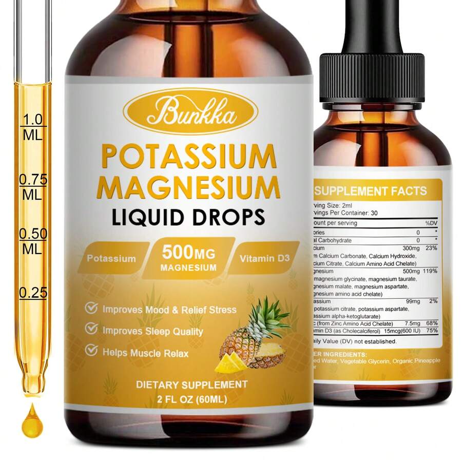 BUNKKA Potassium Magnesium Supplement, Magnesium Potassium Supplements With Calcium, Vitamin D3, Zinc, Sugar Free & Vegan Liquid Drops Supplement For Leg Cramps, Energy, For Adult And Kid - 1 Pack(60ml) - 查看 1