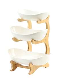 1pc 3-Tier Bamboo & Wood Fruit Tray, Kitchen Counter Vegetable Storage Rack, Party Wedding Snack Dessert Cake Stand - White - White - View 7