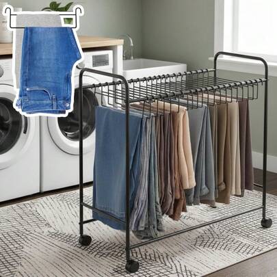 [Free Shipping]Pants Organizer Rack Trolley With 24 Double Hangers Rolling Trouser Metal Rack, Space Saving Closet - 48 Storage Pants Jeans Scarf Black