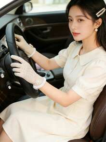 1 par de guantes de mujer con estampado de lunares, disponibles en negro/gris plateado/burdeos/café/rojo púrpura/caqui, estilo retro dulce, de tela elástica transpirable, longitud de dedo completo, puño de encaje, decoración floral, protección UV, transpirable antideslizante, adecuado para ciclismo al aire libre, ir y venir y salidas de primavera, adecuado para las temporadas de primavera y otoño. - Multicolor - Ver 4