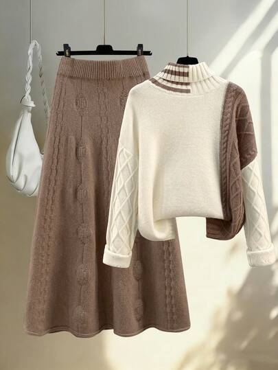 New Year Fashion Elegant Loose Casual Women High Neck Pullover Long Sleeve Color Block Sweater & Skirt 2 Piece Set, Women Autumn/Winter Outfit