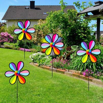 4 piezas de decoraciones de molinillo de viento de plástico de arcoíris, adecuadas para patio, jardín, césped, decoración exterior, decoración de primavera para el patio, decoraciones de molinillo de viento giratorias