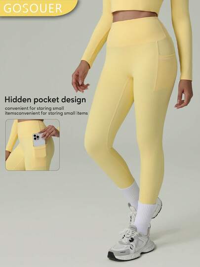 Women's Outdoor Sports Pants Yellow Soft High Waist Deep V Buttock Line Yoga Leggings With Side Pockets