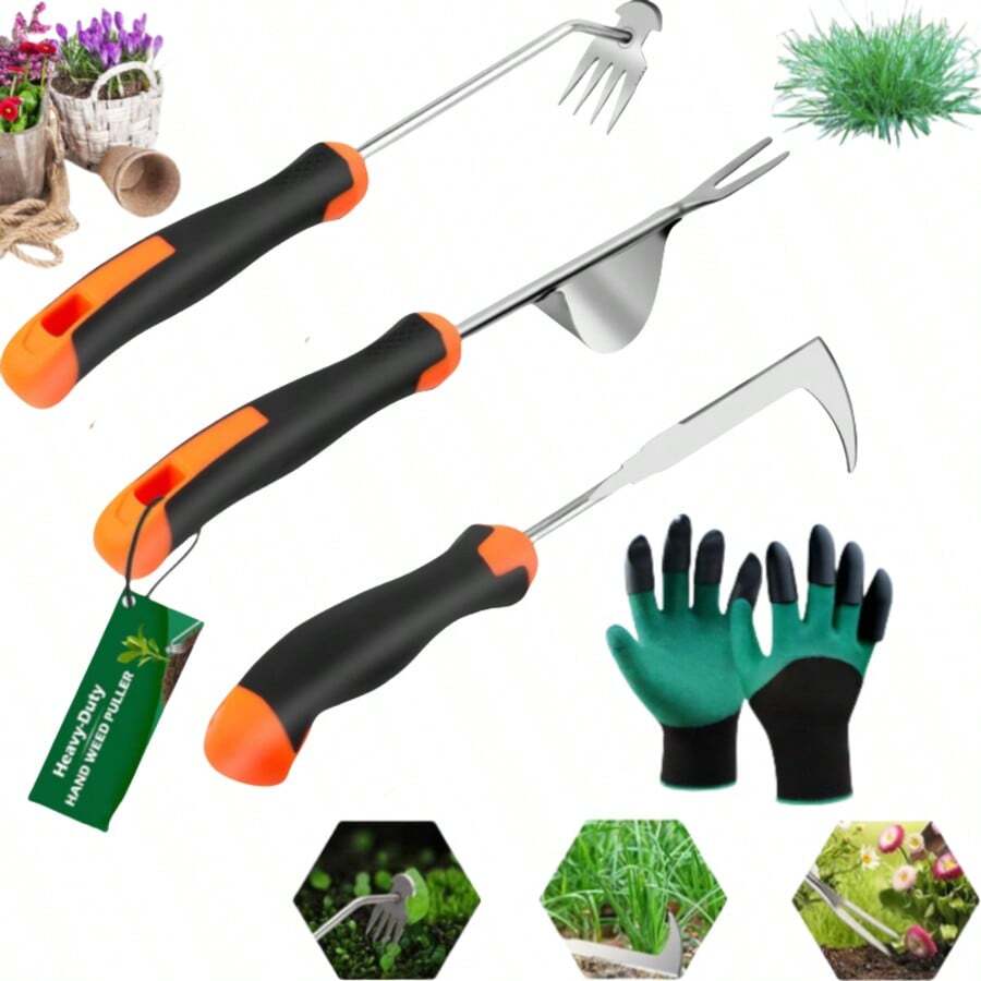 2026 Hand Weeder Tool, Rubber Handle Manual Weeder Puller Tool, Uprooting Weeding Tools, Crack Weeder Crevice, 4 Teeth Weeding Tool, Weeding Artifact Tool For Gardening - 4pcs - View 1