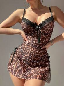Sexy Leopard Print Mesh Lace Ruched Slit Slip Dress For Valentine's Day, A Classic Animal Print Style Perfect For Going Out. - Multicolor - View 3