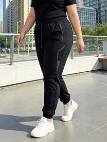 Pantalones deportivos con cordón para mujer de talla grande, pantalones jogger casuales de verano de seda de hielo transpirable y cintura elástica, pantalones cómodos para ciclismo y pantalones de chándal para correr - Negro - Ver 5