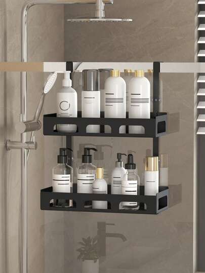 1 pieza Cesta colgante para ducha, Estantería para ducha sobre la puerta, Organizador de almacenamiento para ducha negro, Sin necesidad de perforar, Adecuado para colgar en la puerta del baño y almacenar artículos de baño y limpieza, Estante de ducha