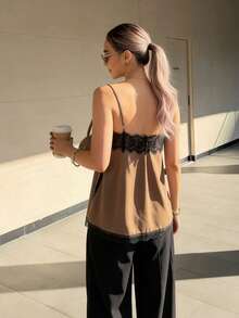 Áo camisole satin không tay, dây đeo điều chỉnh được, phối ren, viền ren tương phản, kiểu dáng thanh lịch cho nữ, dài vừa phải, thích hợp mặc mùa hè. - Màu nâu  Mocha - Xem 4