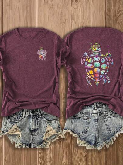Vibrant  Sea Turtle Print T-Shirt For Women | Double-Sided Art Graphic Beach & Nature Lover Top | Soft Cotton Blend Casual Summer Tee