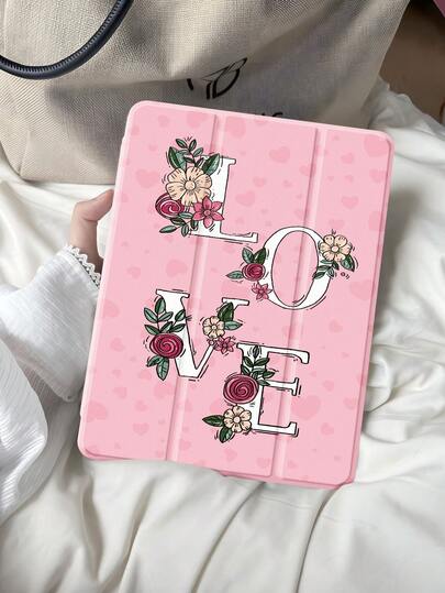 A Pink Heart-Patterned Leopard-Print Tablet Case Featuring A "LOVE" Lettering Design Adorned With A Rose Wreath. Magnetic Auto-Sleep/ Wake-Up Smart Power-Saving Function. Includes Hand-Drawn Double-Sided Printed Tablet Sleeve