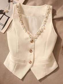Regata Feminina com Decote em V e Sem Mangas, Novidade de Primavera/Verão, Peça para Sobreposição com Elegância Casual em Branco - Branco - Visão 4