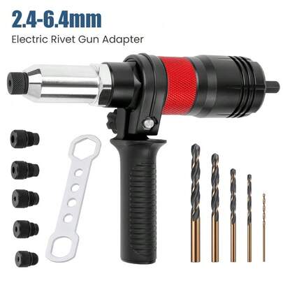 Professional Cordless Automatic Rivet Gun Adapter Kit - 1 Set With 2.4mm/3.2mm/4.0mm/4.8mm/6.4mm Interchangeable Heads & Drill Bits, Heavy-Duty Metal Construction, Ergonomic Non-Slip Grip, Compatible