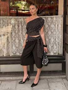 HoloChill 女士休闲波点蝴蝶结肩带上衣，2026 新款百搭弹力腰衬衫，夏季休闲装，女士春季服装，女士假日派对上衣，女士沙滩装，女士优雅夏季度假上衣 - 黑色 - 查看 4