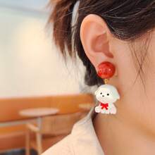 1 Pair Cute Pet-Themed Resin Earrings, Bright Red Bead Earring Base + Red Bow Teddy Bear & Dog Design Earrings, Suitable For Casual Daily Wear Or Pet-Themed Party - Multicolor - View 3