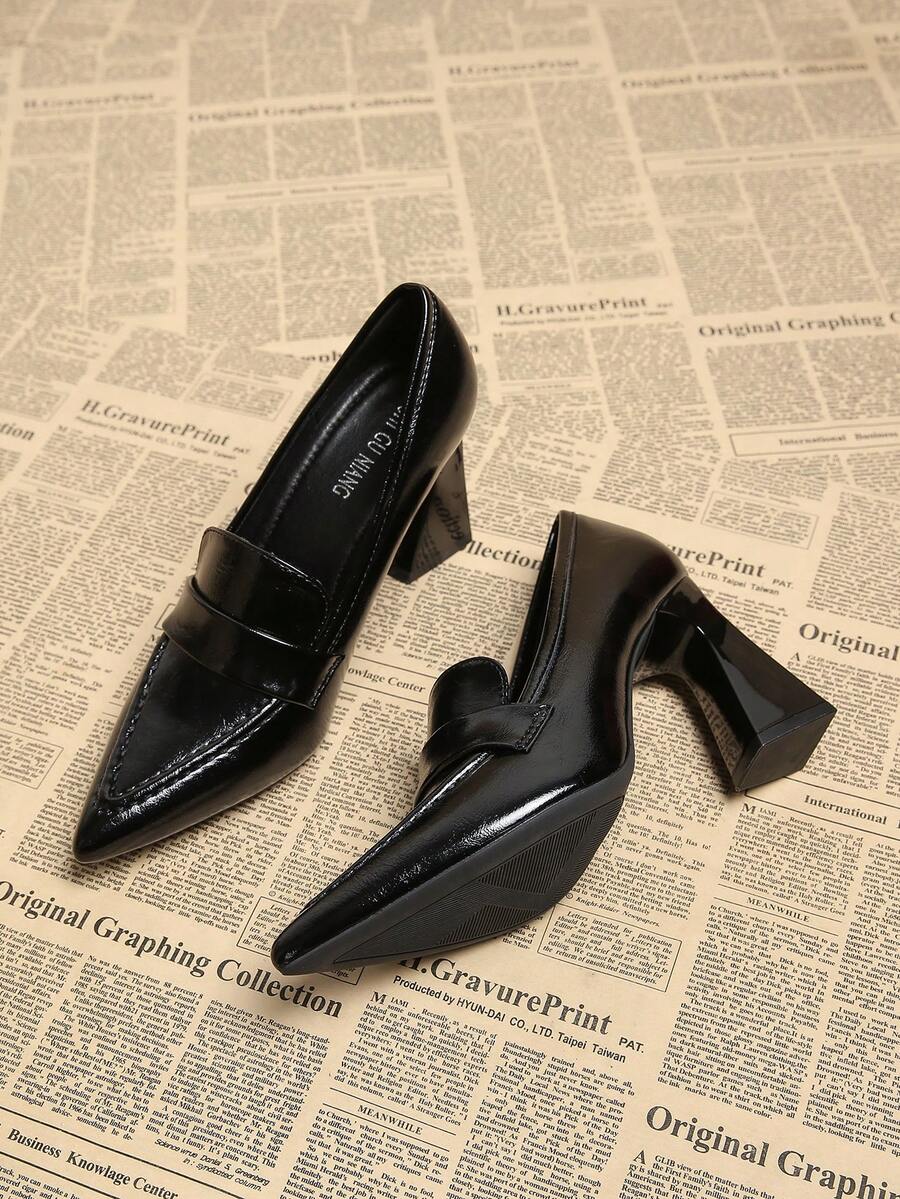 2026 Spring New Women's Shoes, Pointed Toe Fashion Elegant Retro Leather Pumps, Chunky Heel Hoof Heel Casual Commute Slimming Chic Black, Burgundy - Black - View 1