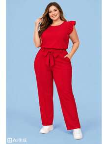 Elegant Plus Size Social Set In Dune Crepe, Casual Style With Drawstring Pockets, For Office Or Home. - Merah - View 1