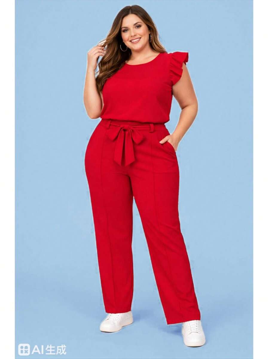 Elegant Plus Size Social Set In Dune Crepe, Casual Style With Drawstring Pockets, For Office Or Home. - Merah - View 1