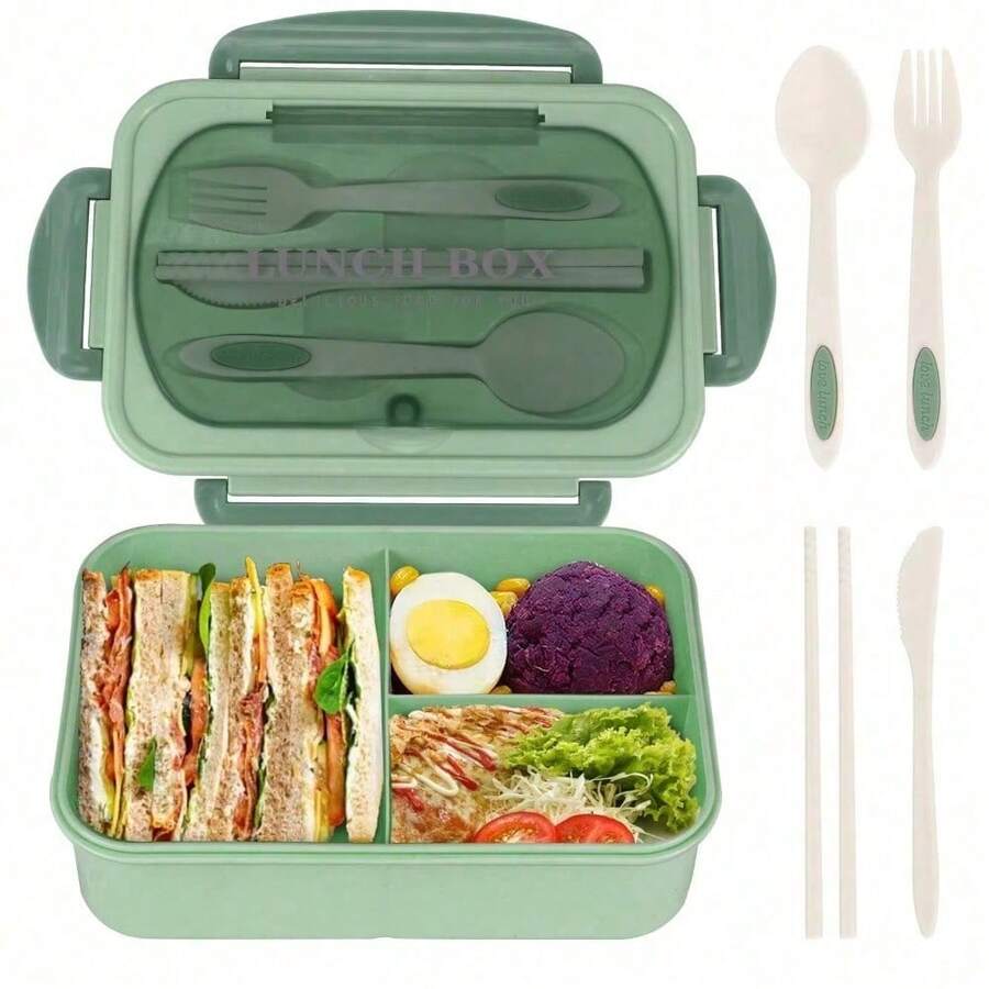 1 Piece Portable Microwave  Lunchbox Meal Prep Office Leakproof Food Leak-Proof Food Storage Container With 3 Compartments, Plastic For Fresh Meals. - màu xanh lá - Xem 1